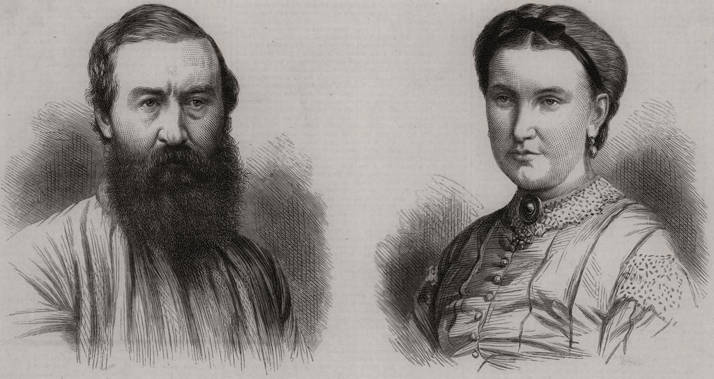 Sir Samuel White Baker, F. R. S; Lady Baker. Portraits 1873 old antique print